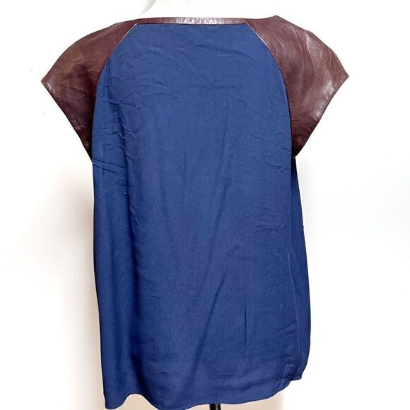 Diane von Furstenberg Valentine Navy Leather-Shoulder Top Womens Sz L - Picture 3 of 7